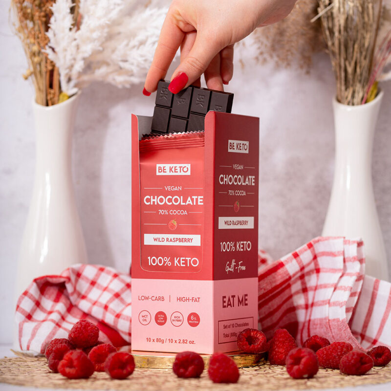 Chocolat Végétalien Keto + Huile MCT – Framboises Sauvages 80g