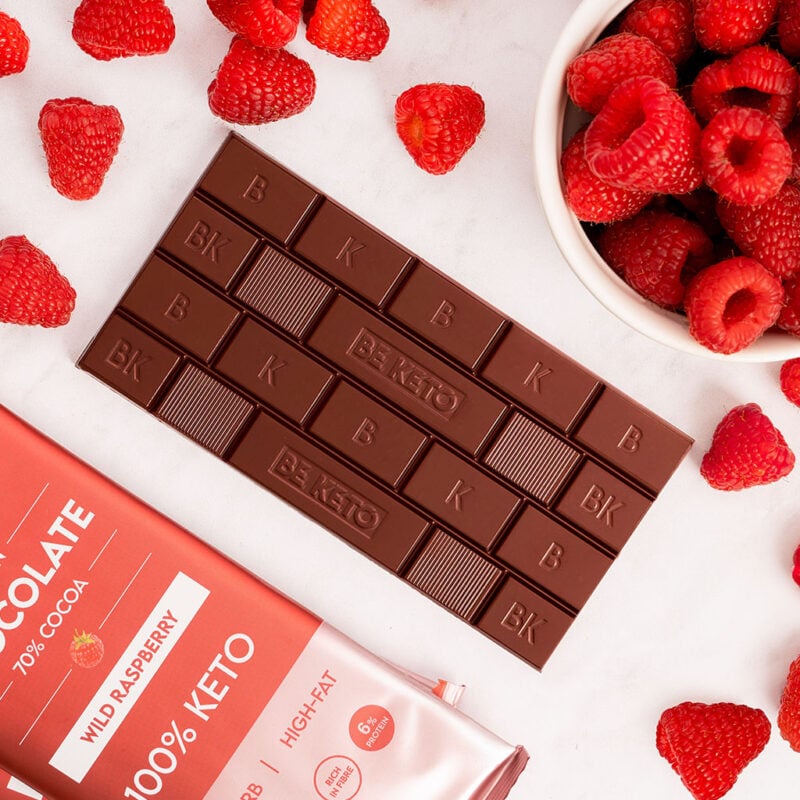 Chocolat végétalien keto + huile mct – framboises sauvages 80g