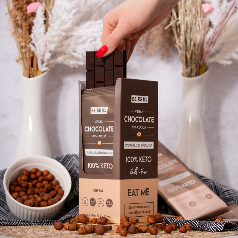 Chocolat Végétalien Keto + Huile MCT – Noisettes Caramélisées 80g