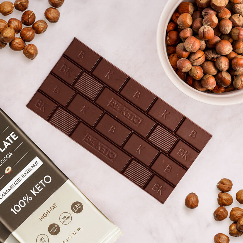 Chocolat Végétalien Keto + Huile MCT – Noisettes Caramélisées 80g