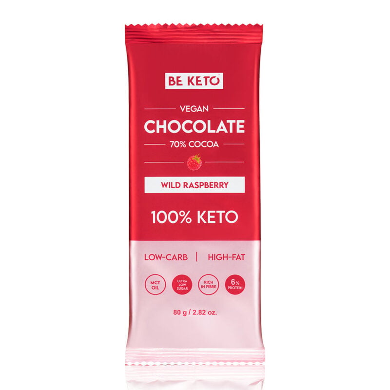 Chocolat végétalien keto + huile mct – framboises sauvages 80g