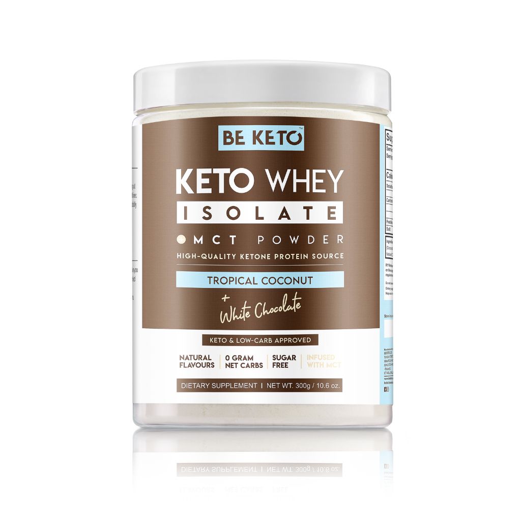 Isolat de Whey Keto + Huile MCT – Noix de Coco & Chocolat Blanc 300g Isolat de Whey Keto + Huile MCT – Noix de Coco & Chocolat Blanc 300g