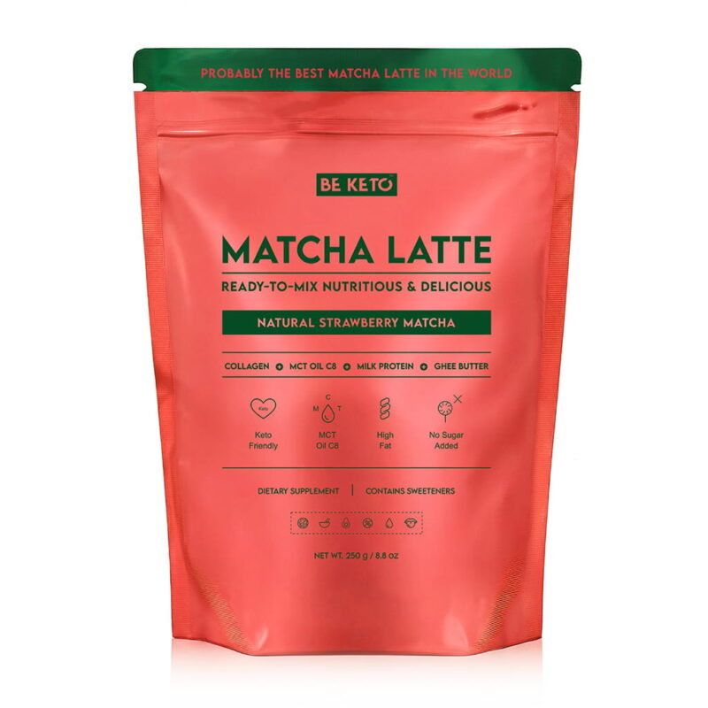Matcha-Latte-Strawberry.jpg Matcha Latte (Huile MCT C8 & Collagène & Ghee) – Fraise Naturelle 250g
