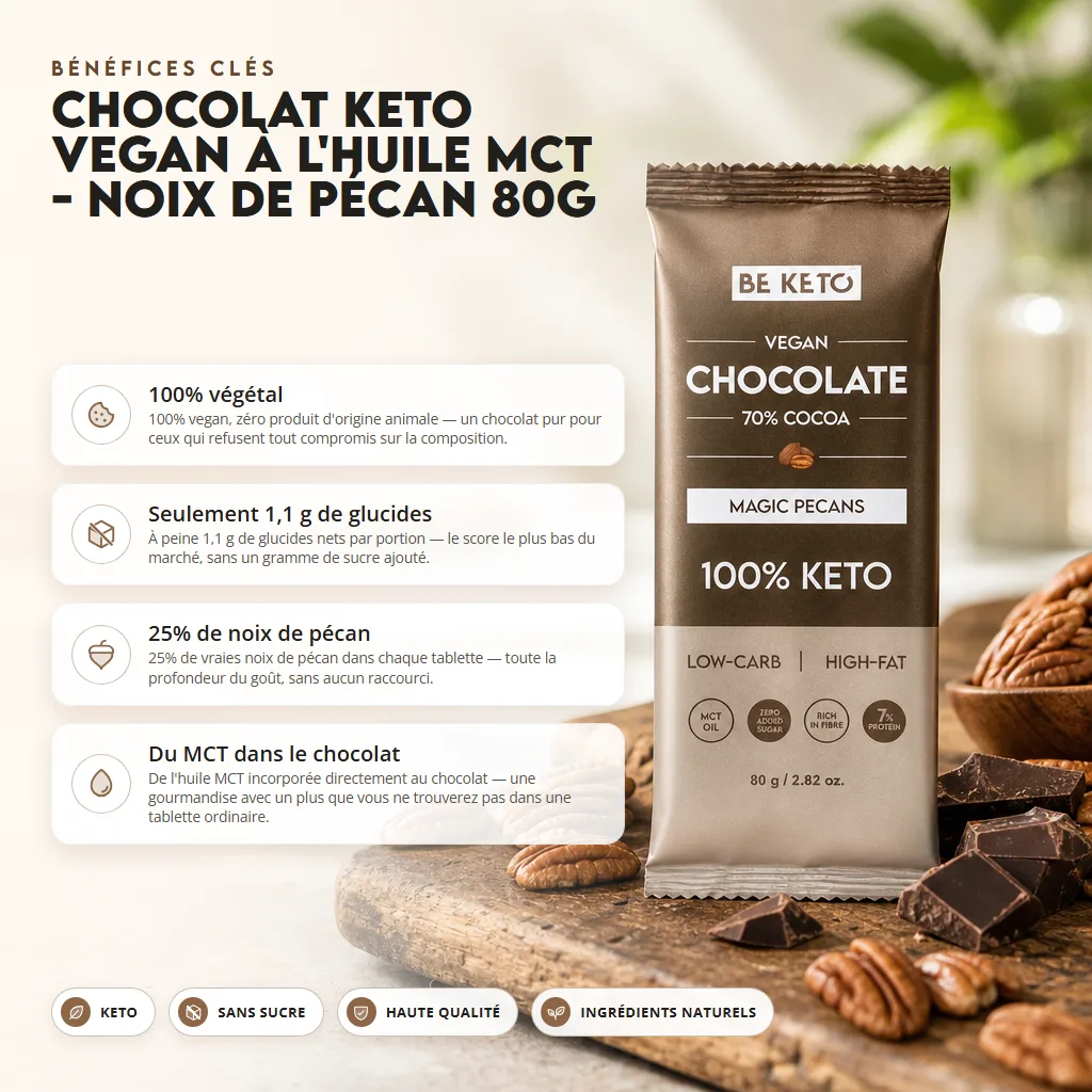 Chocolat Végétalien Keto + Huile MCT – Noix de Pécan Magiques 80g