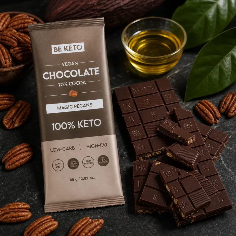 Chocolat végétalien keto + huile mct – noix de pécan magiques 80g