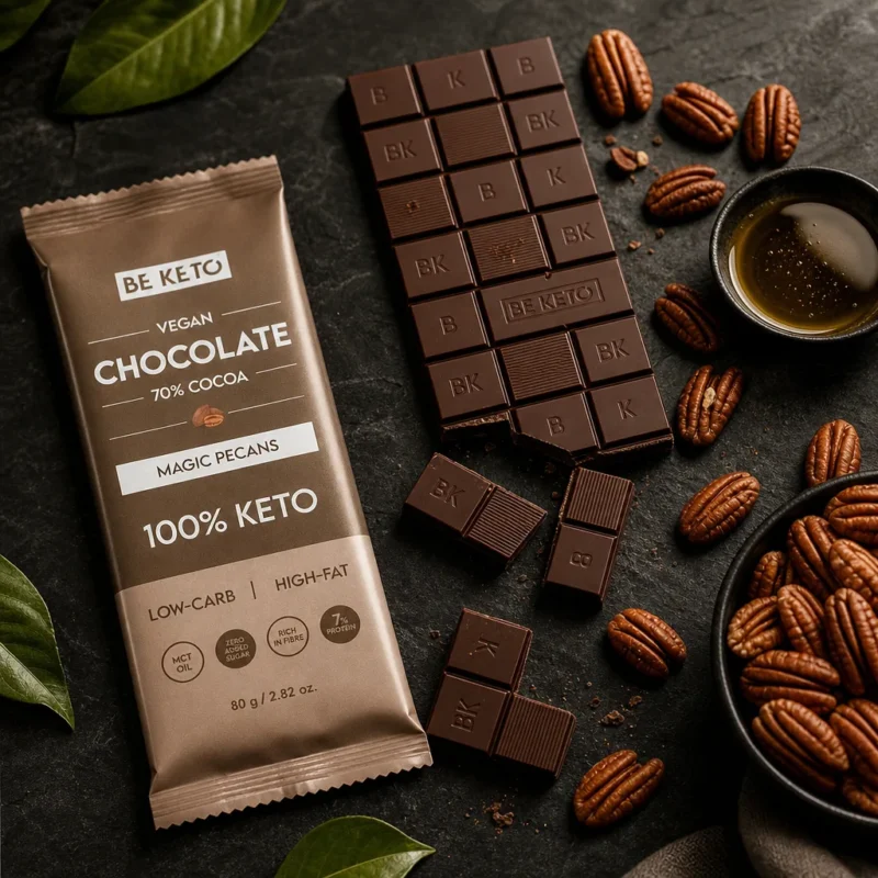 Chocolat végétalien keto + huile mct – noix de pécan magiques 80g