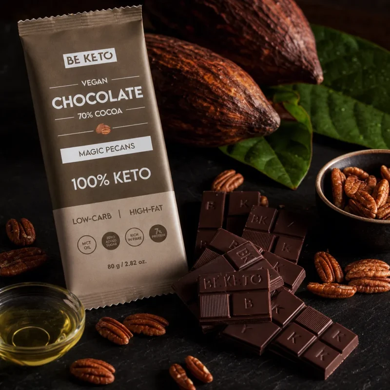 Chocolat végétalien keto + huile mct – noix de pécan magiques 80g