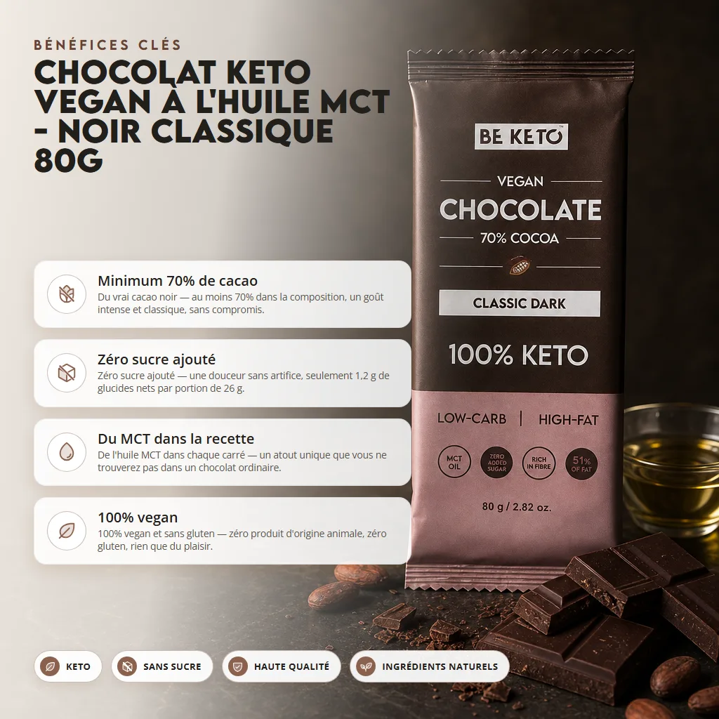 Chocolat Végétalien Keto + Huile MCT – Noir Classique 80g