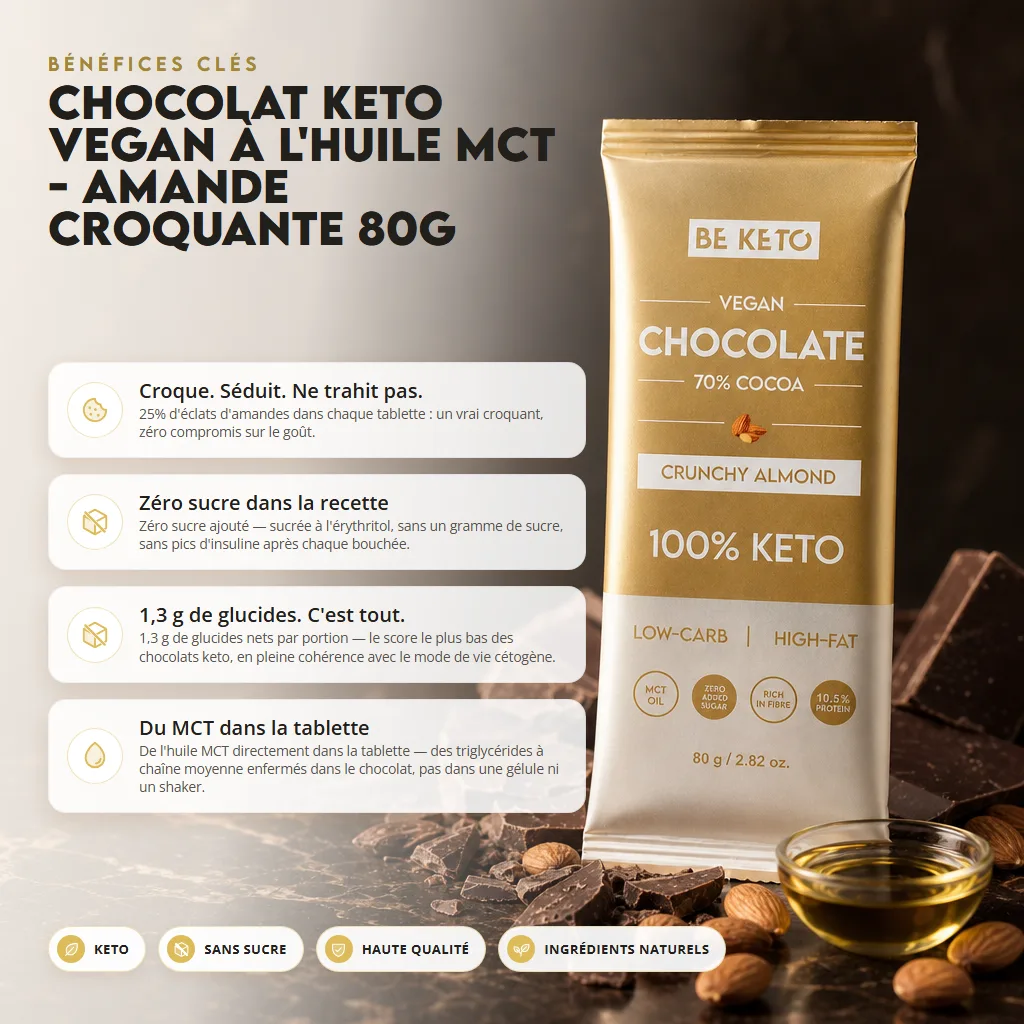Chocolat Végétalien Keto + Huile MCT – Amandes Croquantes 80g