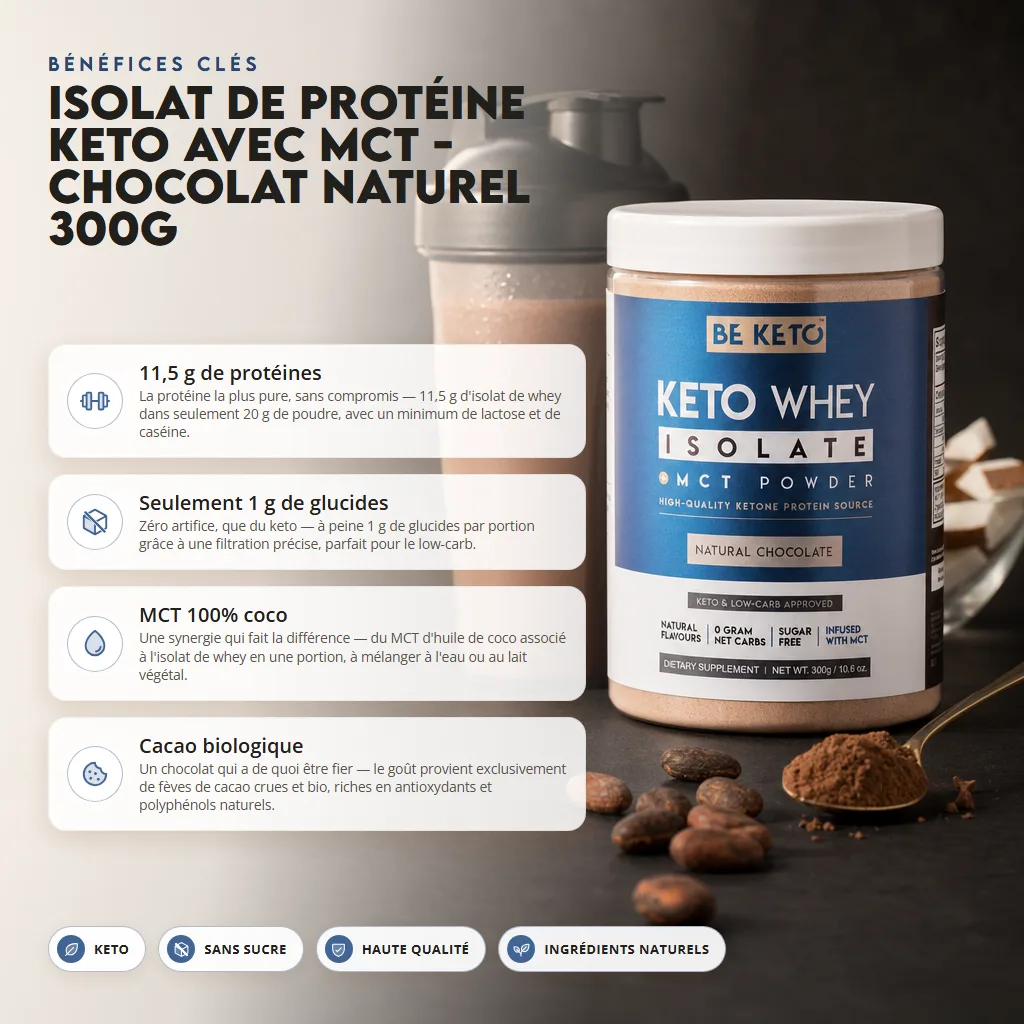 Isolat de Whey Keto + Huile MCT – Chocolat Naturel 300g