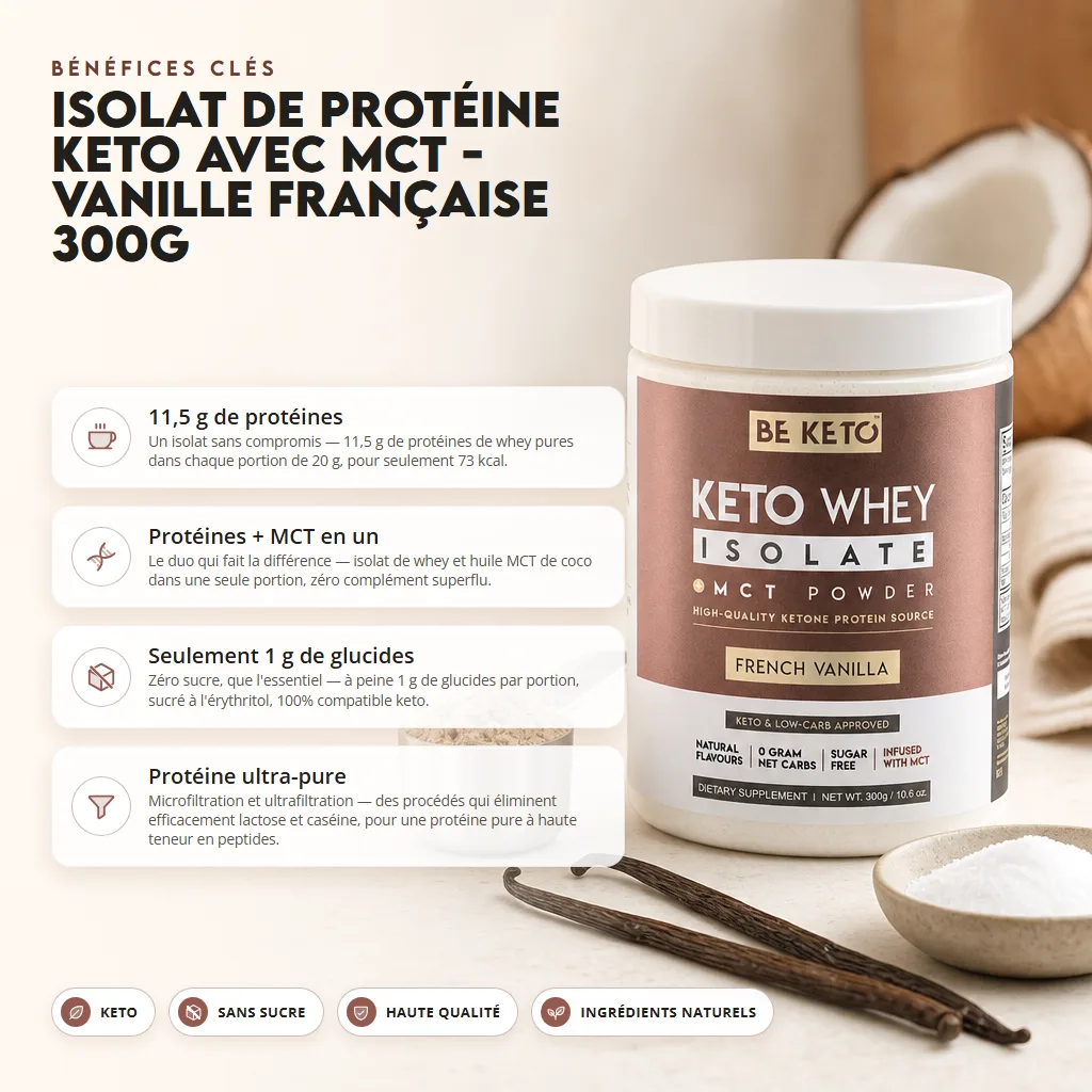 Isolat de Whey Keto + Huile MCT – Vanille Française 300g