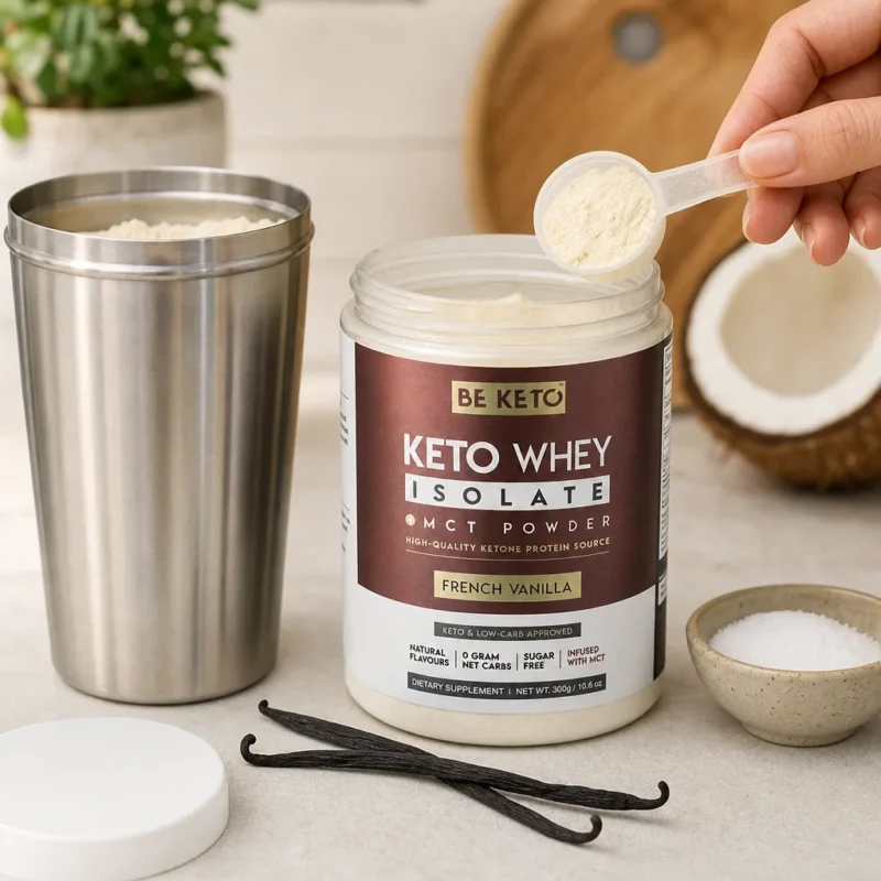 Isolat de whey keto + huile mct – vanille française 300g