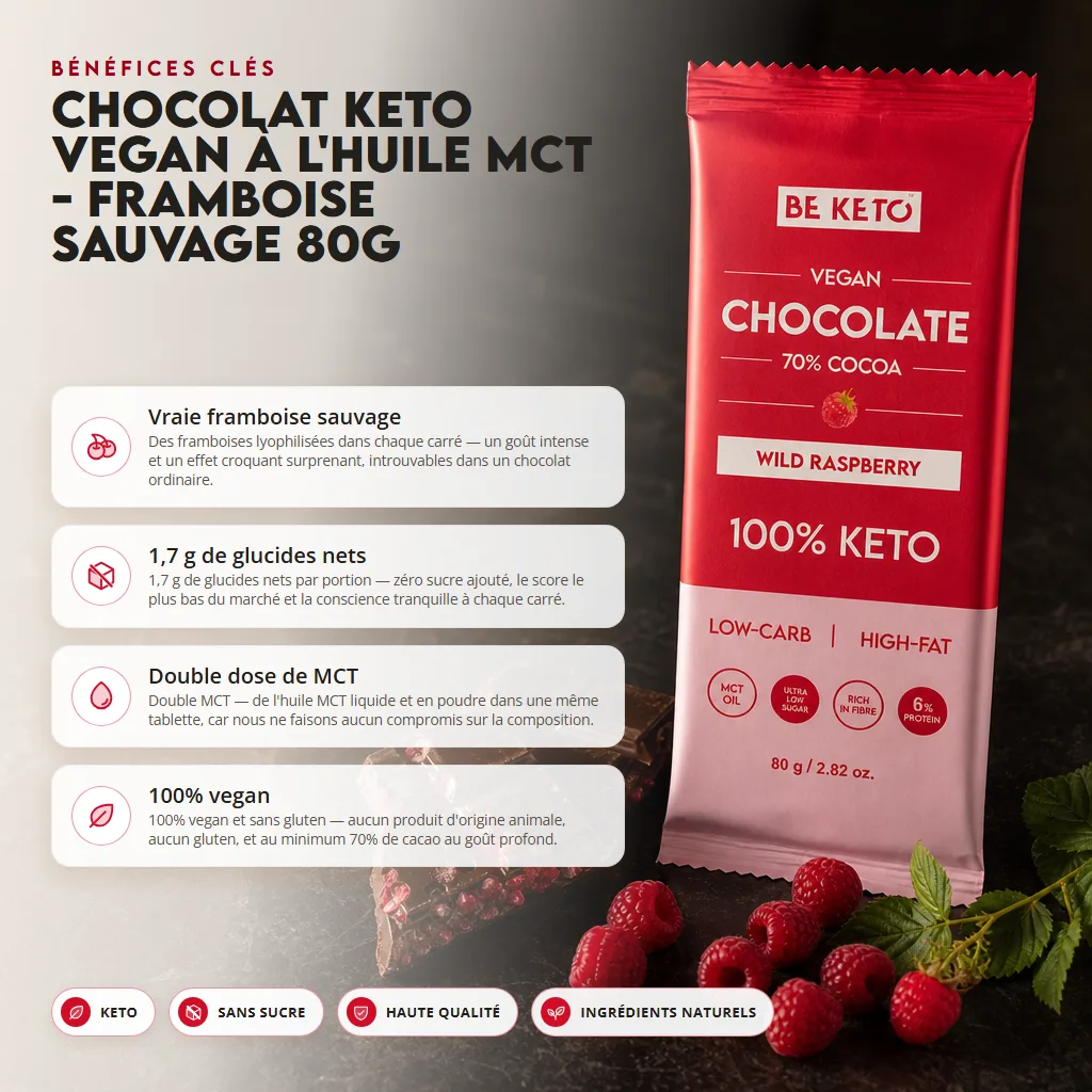Chocolat Végétalien Keto + Huile MCT – Framboises Sauvages 80g