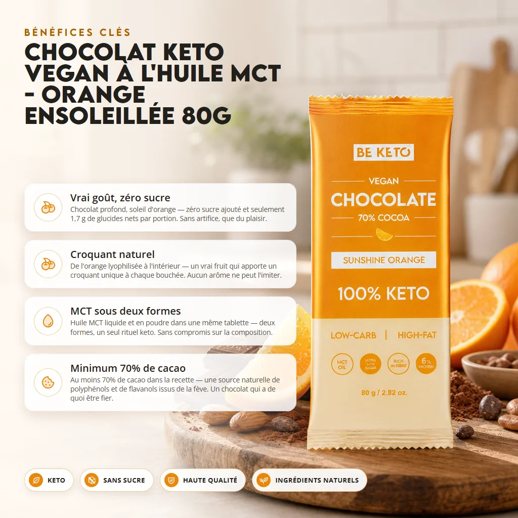 Chocolat Végétalien Keto + Huile MCT – Orange Ensoleillée 80g