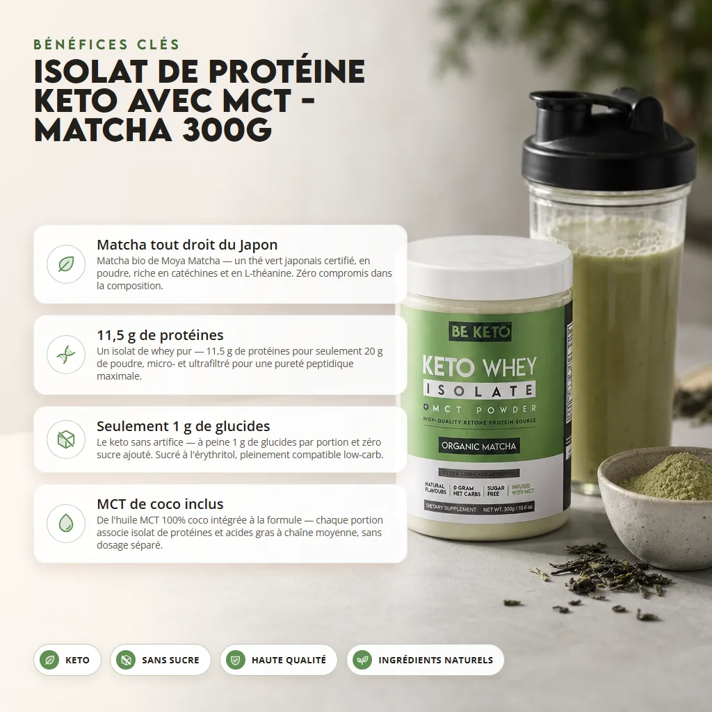 Isolat de Whey Keto + Huile MCT – Matcha Bio 300g