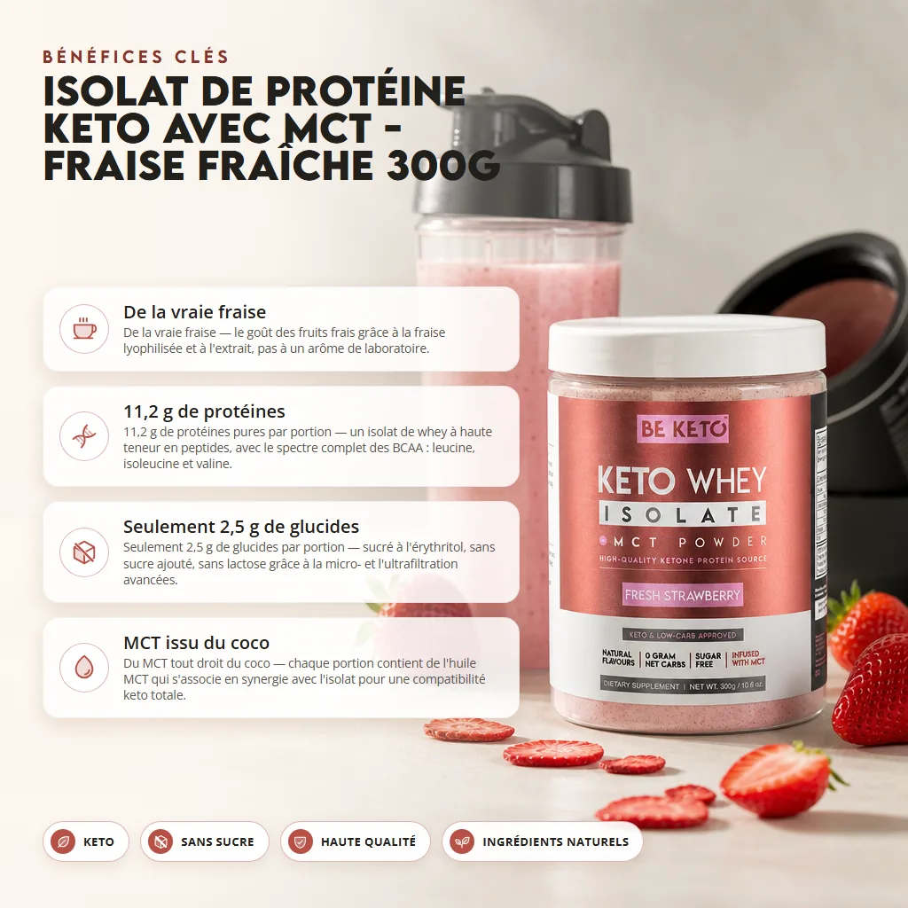 Isolat de Whey Keto + Huile MCT – Fraise Fraîche 300g