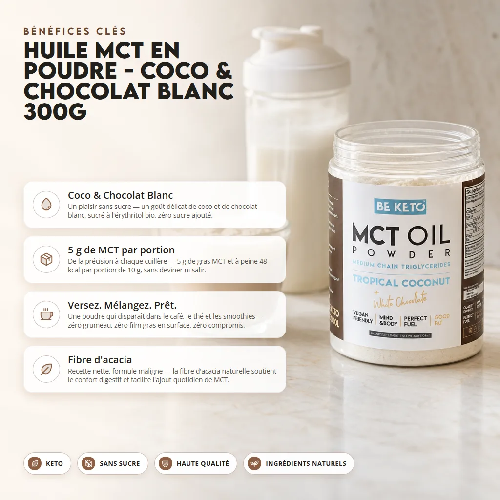 Poudre d’huile MCT – Noix de Coco & Chocolat Blanc 300g