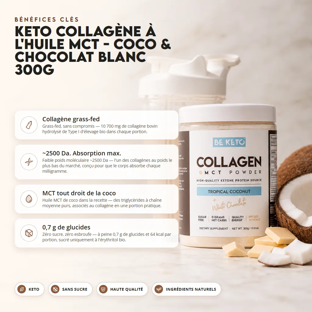 Collagène Keto + Huile MCT – Noix de Coco & Chocolat Blanc 300g