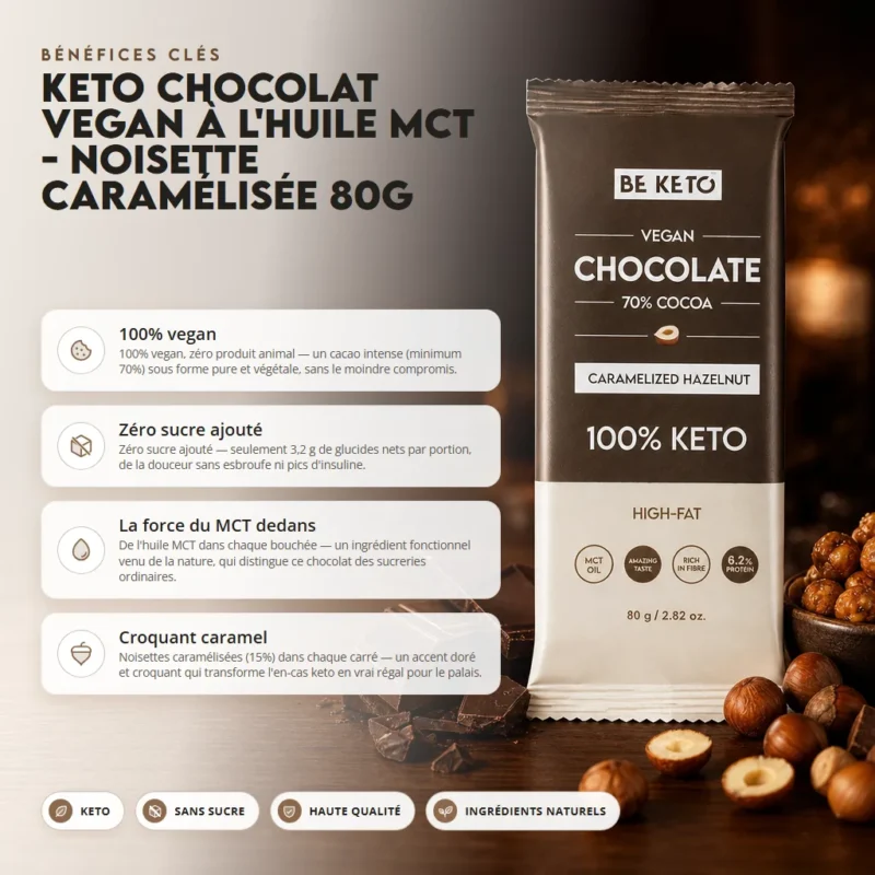 Chocolat végétalien keto + huile mct – noisettes caramélisées 80g