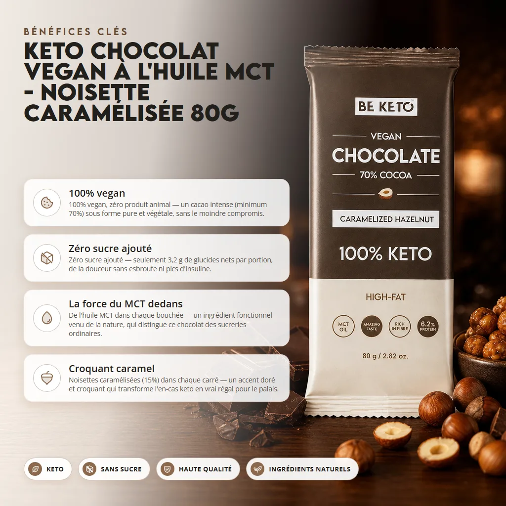 Chocolat Végétalien Keto + Huile MCT – Noisettes Caramélisées 80g