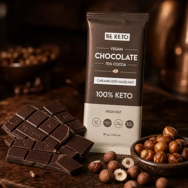 Chocolat végétalien keto + huile mct – noisettes caramélisées 80g