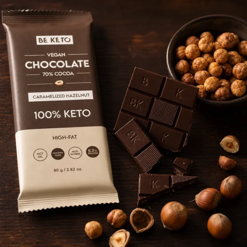 Chocolat végétalien keto + huile mct – noisettes caramélisées 80g