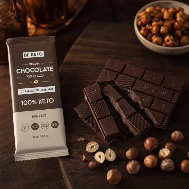 Chocolat végétalien keto + huile mct – noisettes caramélisées 80g