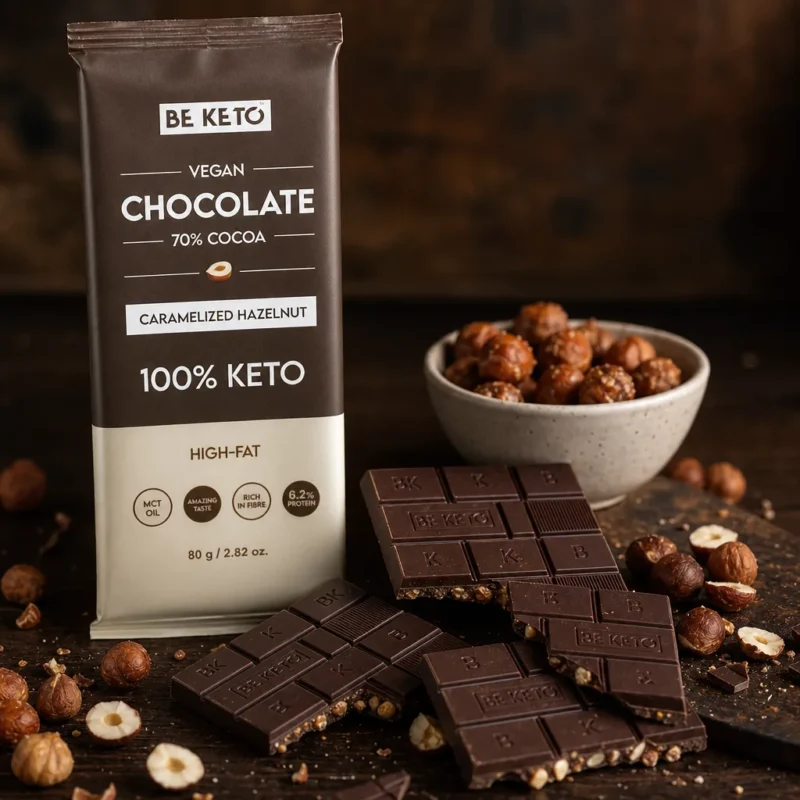 Chocolat végétalien keto + huile mct – noisettes caramélisées 80g