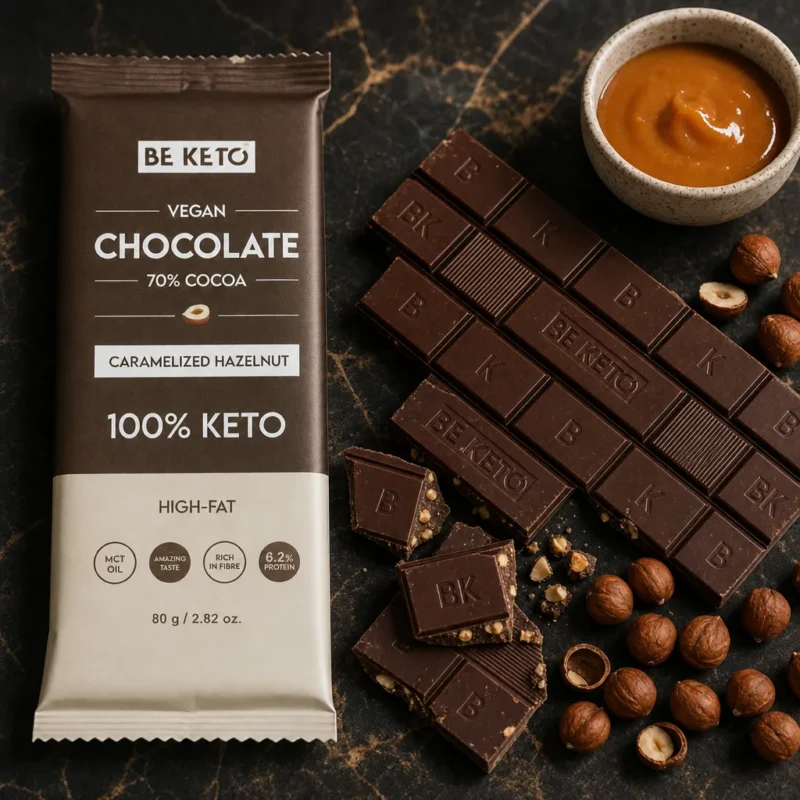 Chocolat végétalien keto + huile mct – noisettes caramélisées 80g