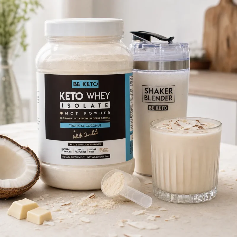 Isolat de Whey Keto + Huile MCT – Noix de Coco & Chocolat Blanc 800g – Lifestyle 3 Isolat de whey keto + huile mct – noix de coco & chocolat blanc 800g