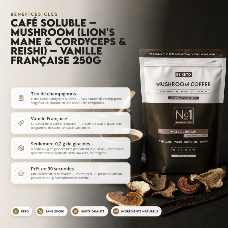 Café instantané – mushroom (crinière de lion & cordyceps & reishi) – vanille française 250g