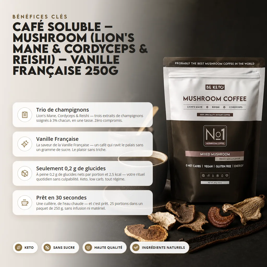 Café instantané – mushroom (crinière de lion & cordyceps & reishi) – vanille française 250g