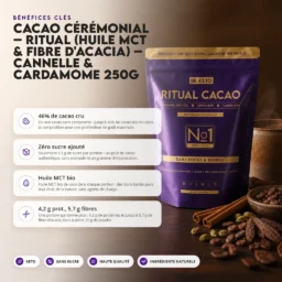 Cacao cérémonial – ritual (huile mct & fibre d’acacia) – cannelle & cardamome 250g