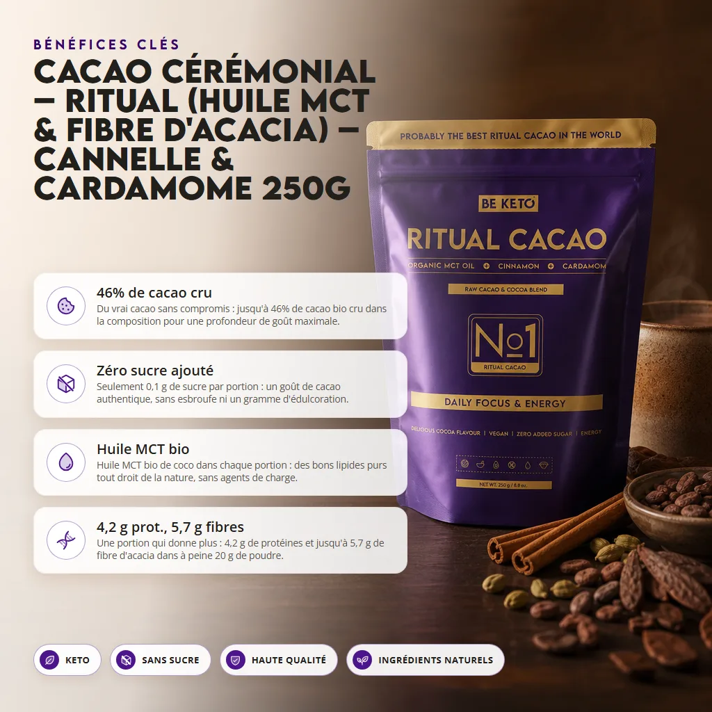 Cacao Cérémonial – Ritual (Huile MCT & Fibre d’Acacia) – Cannelle & Cardamome 250g
