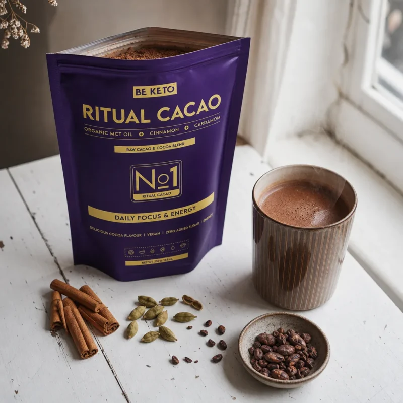 Cacao cérémonial – ritual (huile mct & fibre d’acacia) – cannelle & cardamome 250g