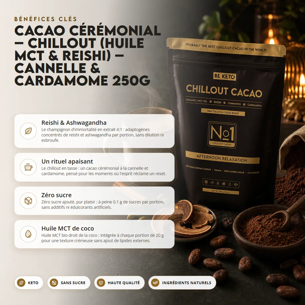 Cacao Cérémonial – Chillout (Huile MCT & Reishi) – Cannelle & Cardamome 250g