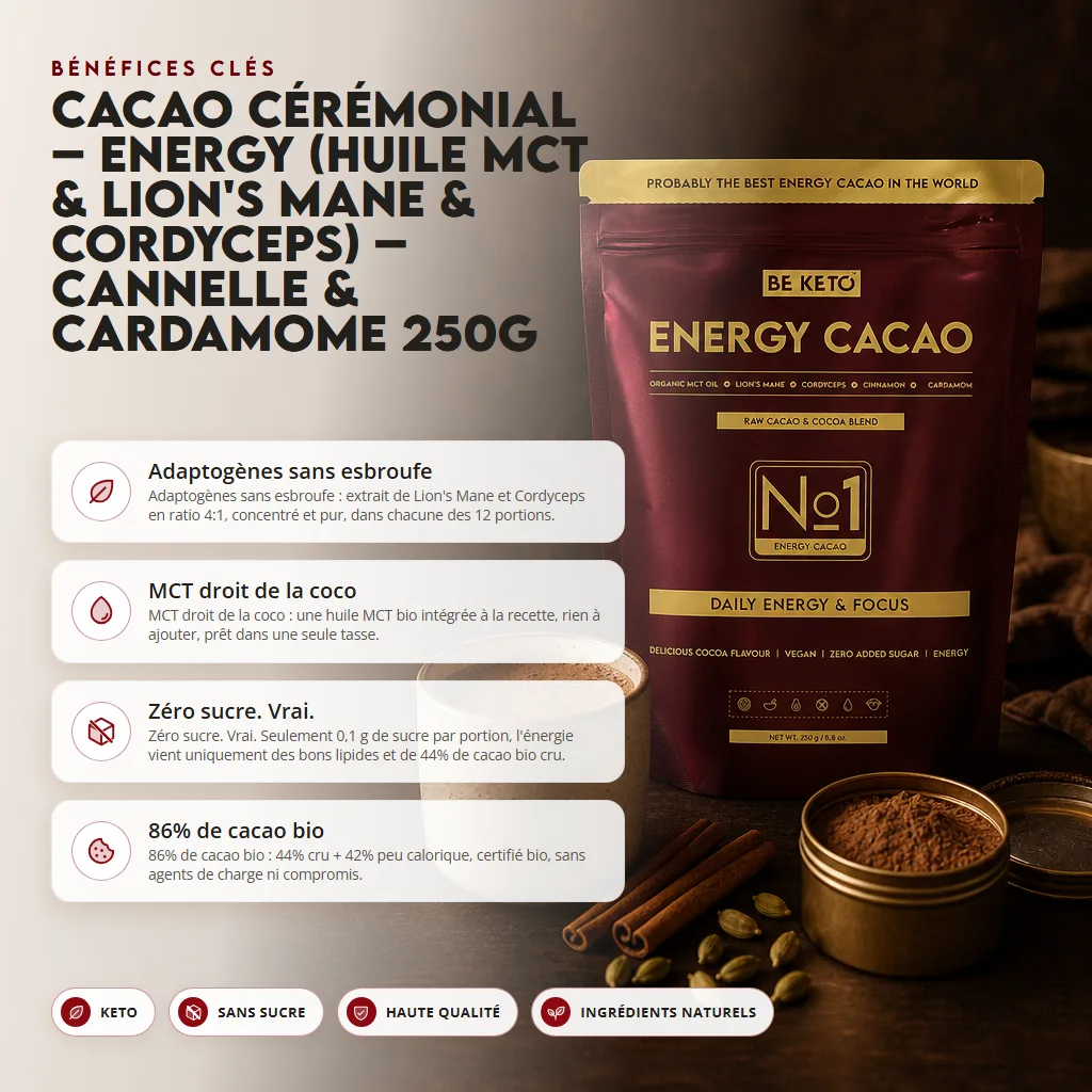 Cacao Cérémonial – Energy (Huile MCT & Lion’s Mane & Cordyceps) – Cannelle & Cardamome 250g
