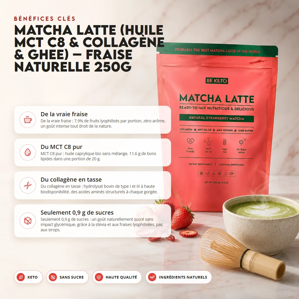 Matcha Latte (Huile MCT C8 & Collagène & Ghee) – Fraise Naturelle 250g