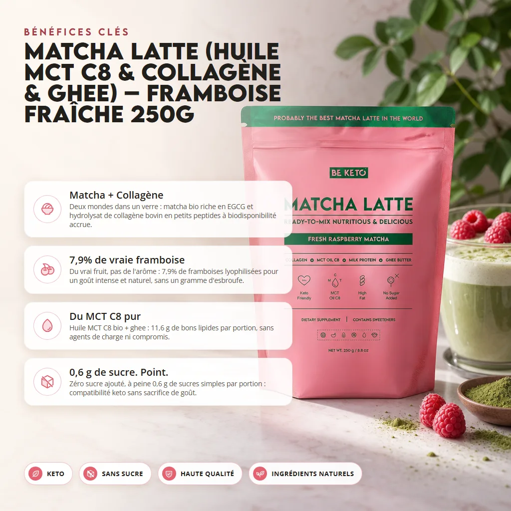 Matcha Latte (Huile MCT C8 & Collagène & Ghee) – Framboise Fraîche 250g